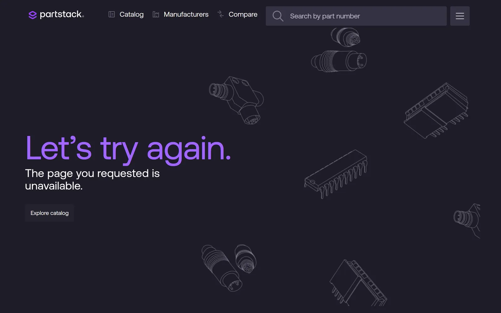 Custom 404 page with line drawings of parts