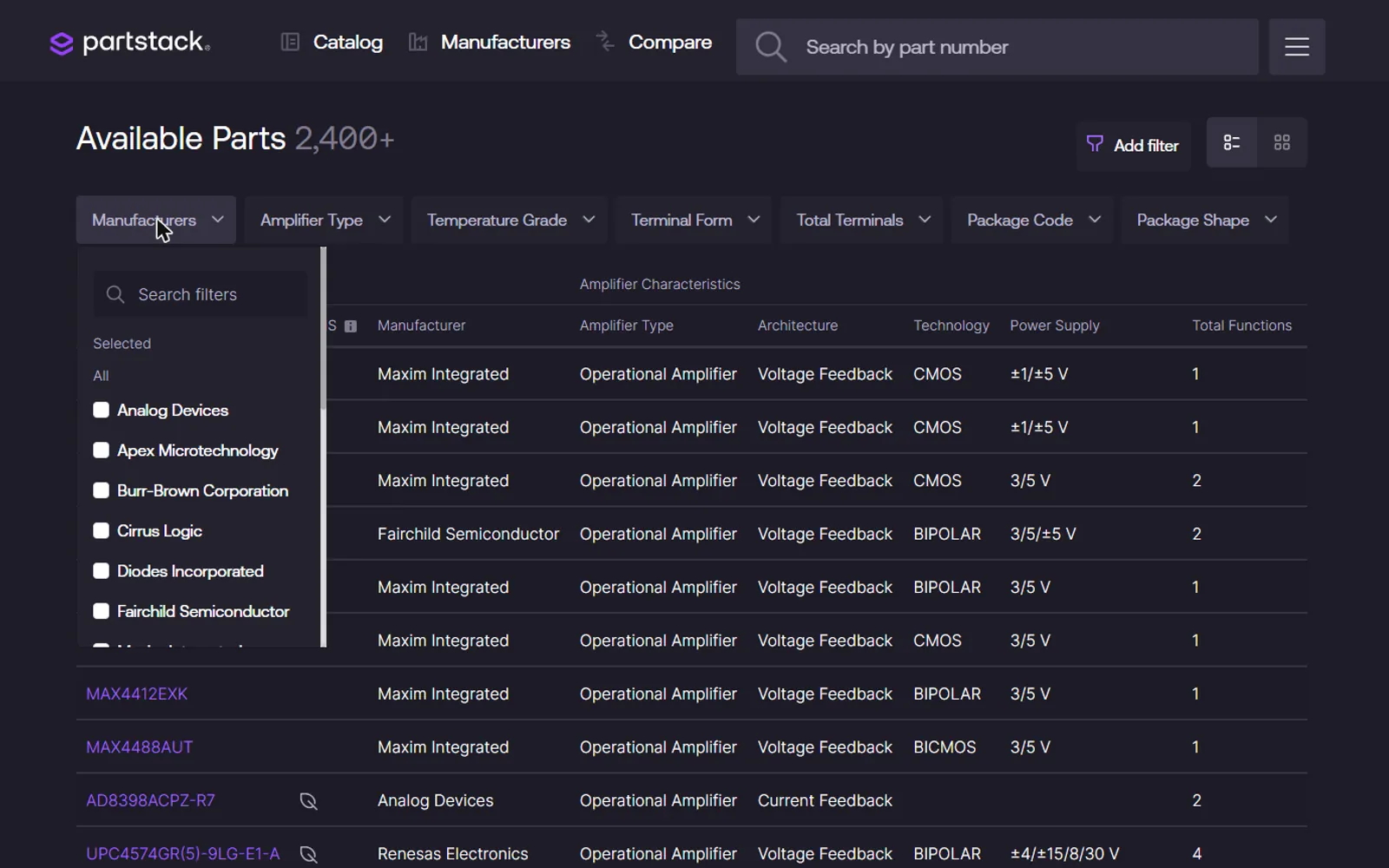 Manufacturers filter dropdown with search and checkboxes