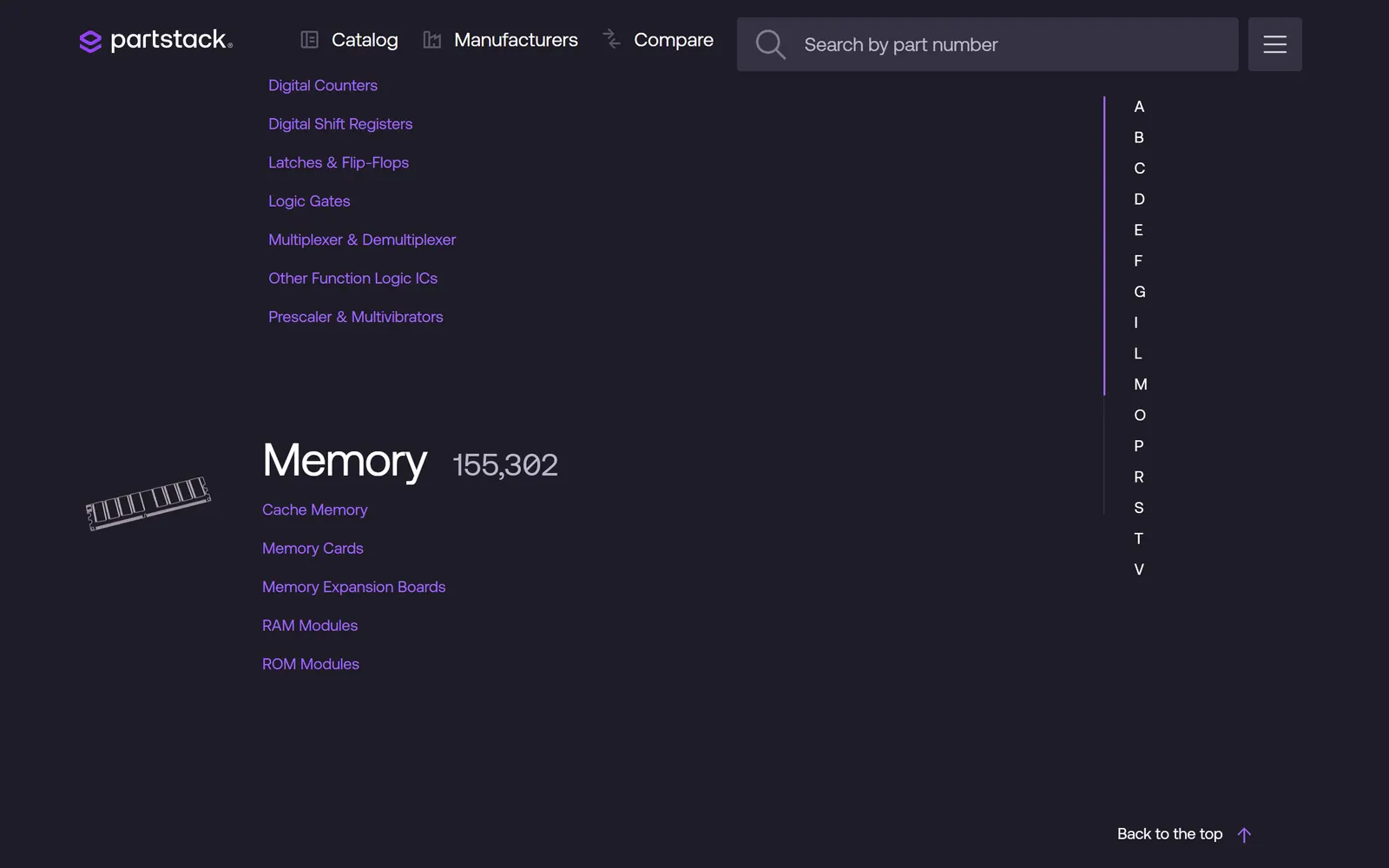 Catalog page scrolled to M with the A–Z rail highlighting M