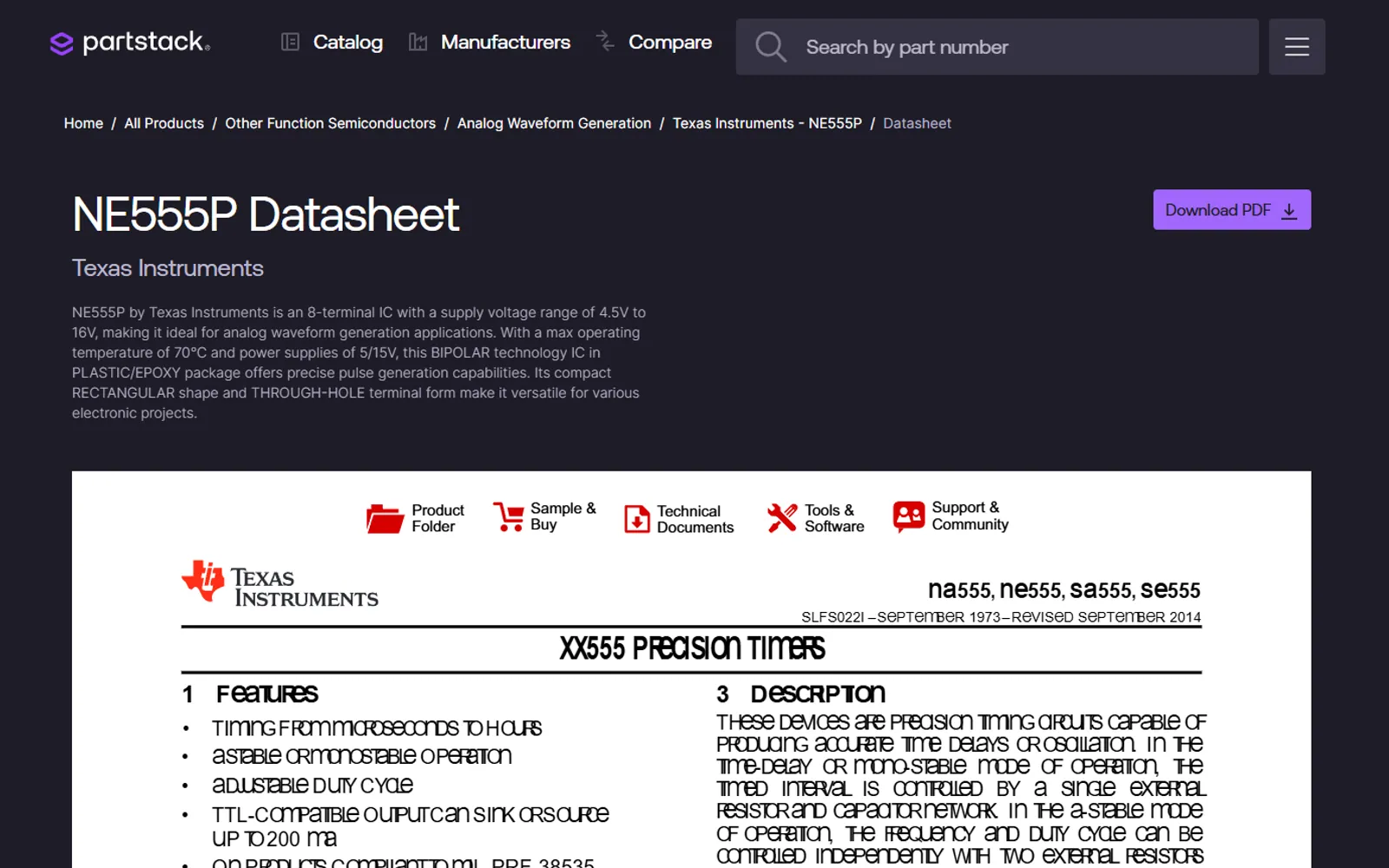 NE555P datasheet rendered in the page
