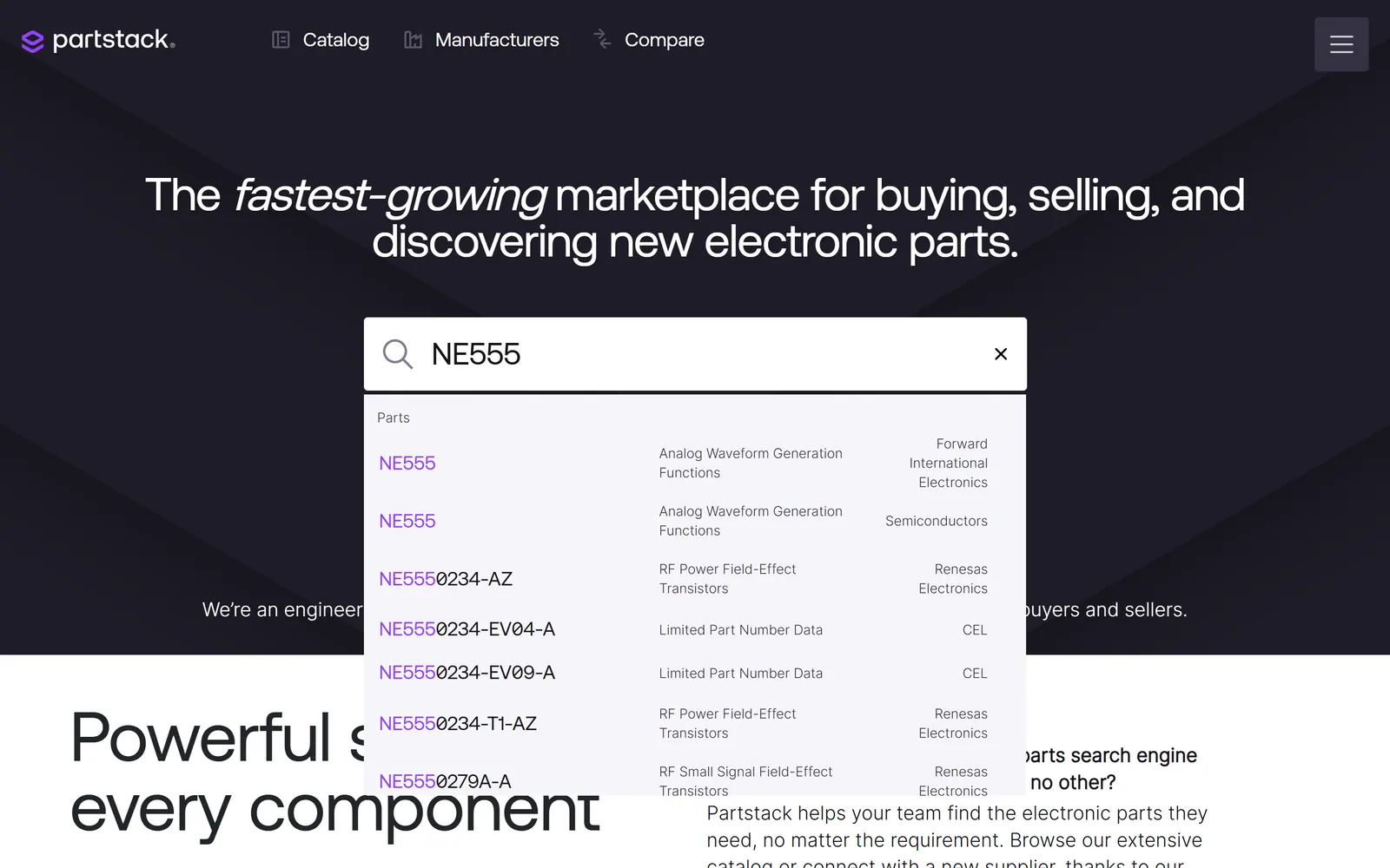 Partstack homepage search with the typed letters highlighted in each suggested part number