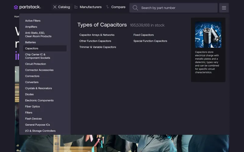 Catalog mega menu with Capacitors selected