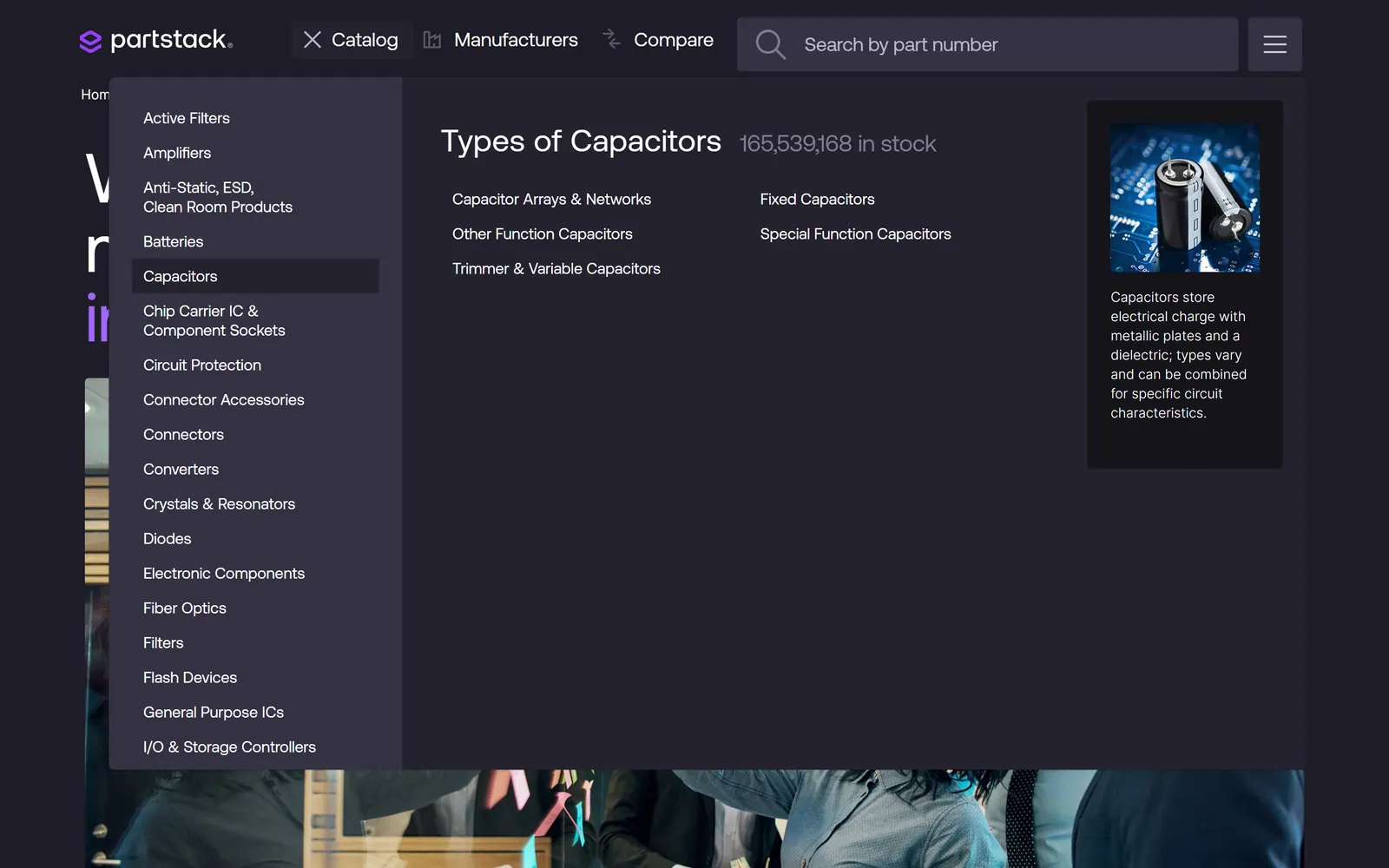 Catalog mega menu with Capacitors selected