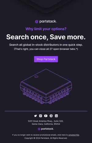 Partstack email with a line drawing of a chip