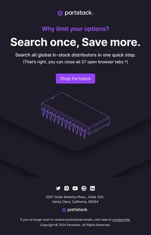 Partstack email with a line drawing of a long chip