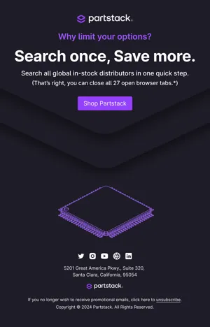 Partstack email with a line drawing of a square chip