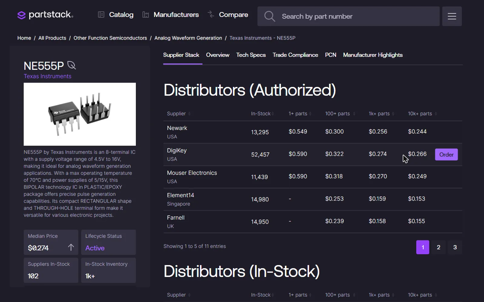 Supplier row hovered with the Order button showing