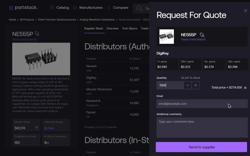 Request for quote drawer with a quantity of 1,000 and the total price