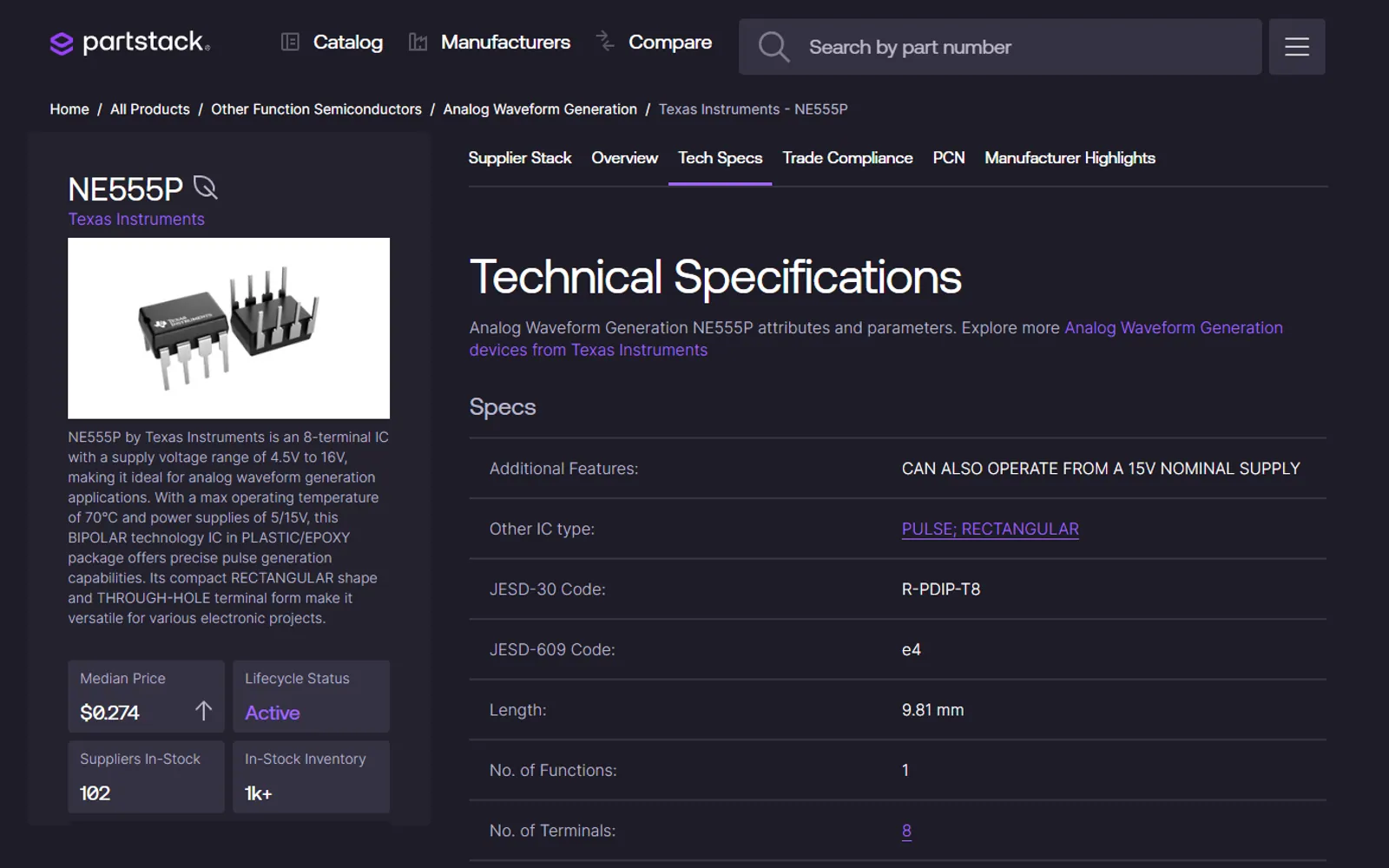 Technical specifications table with the section menu on Tech Specs