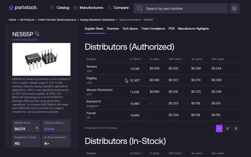 NE555P part page with the authorised distributors table