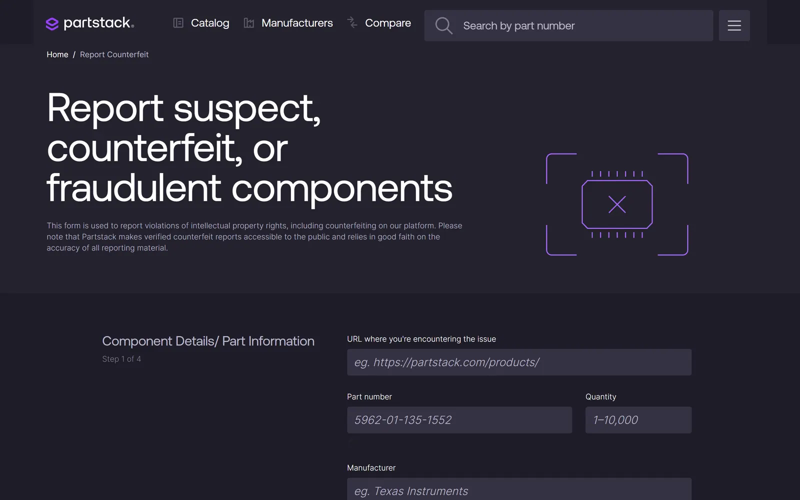 Report counterfeit form, step one