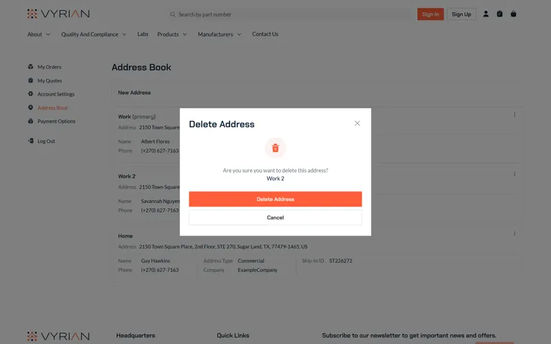 Delete address confirmation dialog over the address book