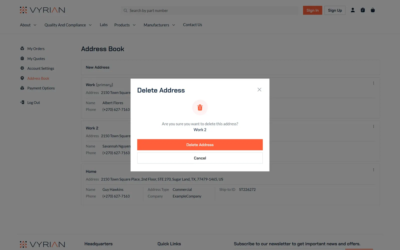 Delete address confirmation
