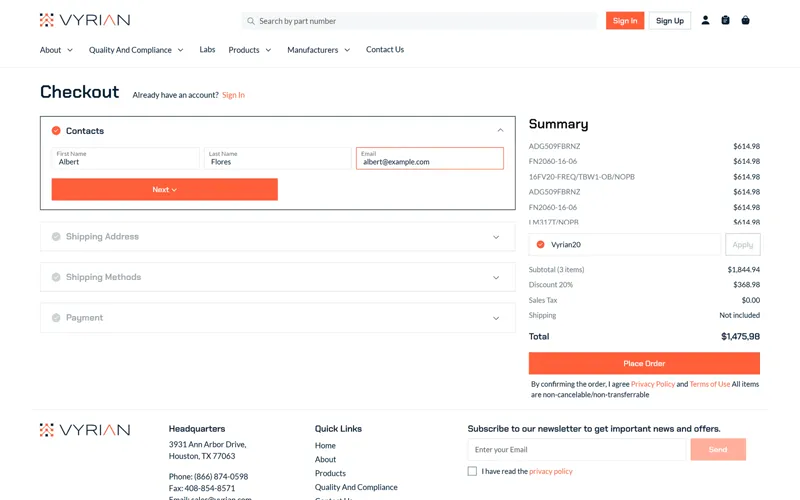 Checkout contacts step filled in, with the order summary beside it