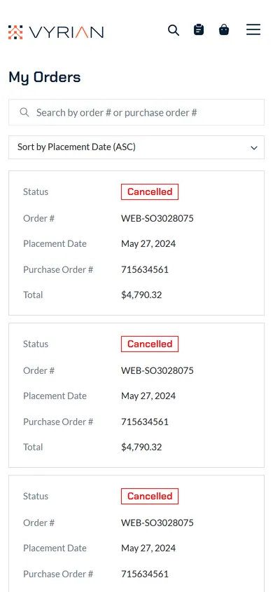 Orders shown as cards on a phone