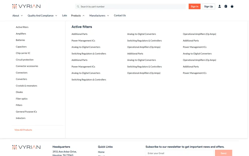 Products mega menu listing component categories