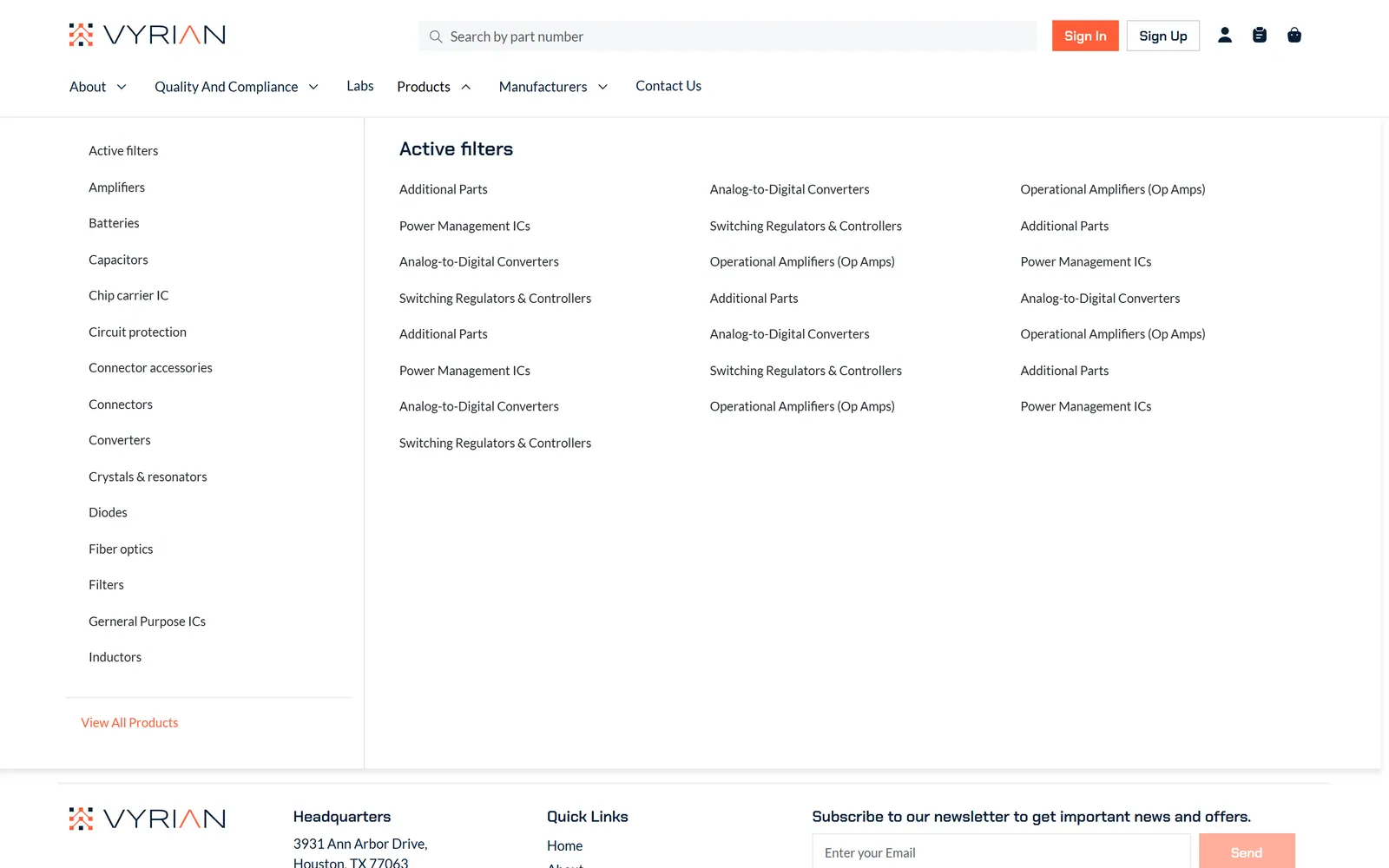 Vyrian header with the Products mega menu open, listing component categories