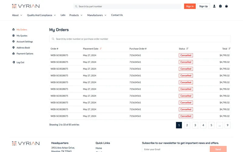 My orders table with search, status and paging