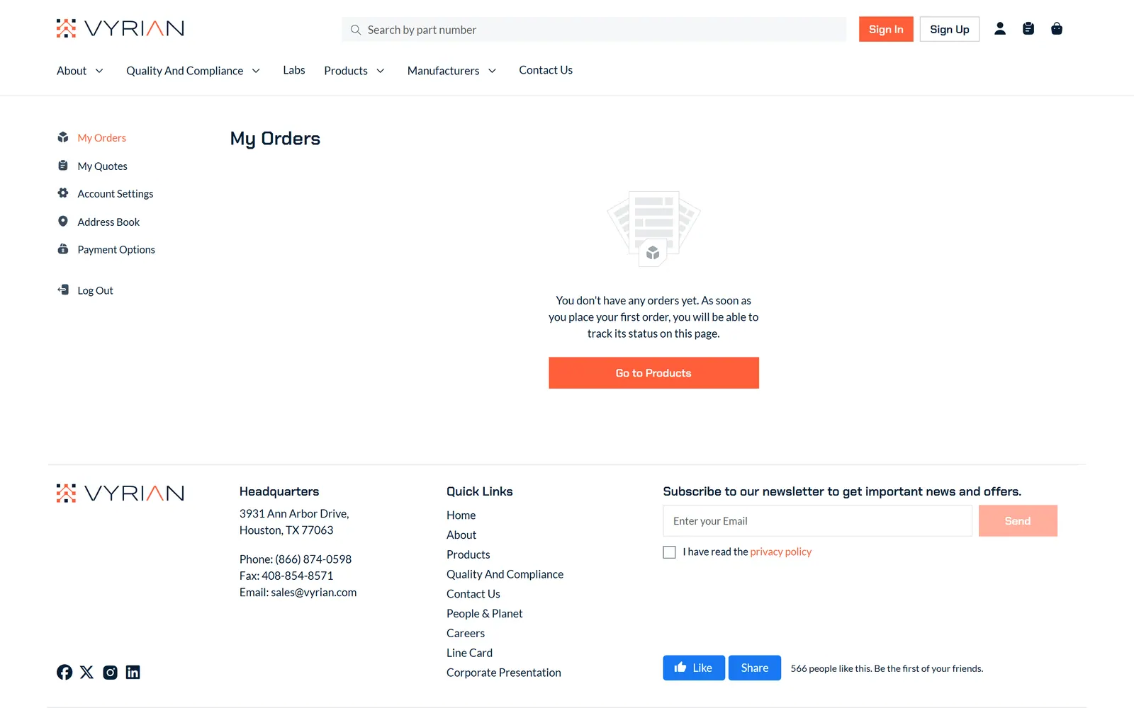 Orders page empty state
