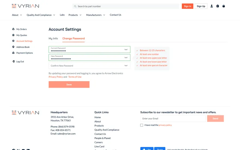 Change password form with the live checklist of password rules
