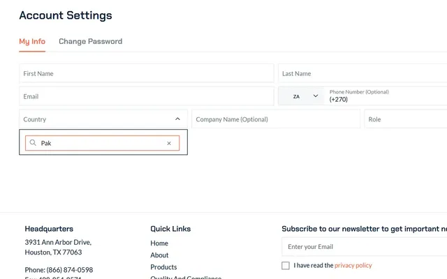 Country search dropdown